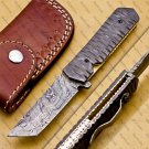 7.5" Customised Damascus Steel Folding Pocket Knife With Leather Sheath