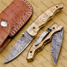 Handmade Damasuse Pocket Knife Ingravable Brass Handle with cow Leather Sheath