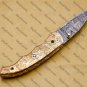 Handmade Damasuse Pocket Knife Ingravable Brass Handle with cow Leather Sheath