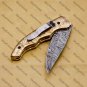 Handmade Damasuse Pocket Knife Ingravable Brass Handle with cow Leather Sheath