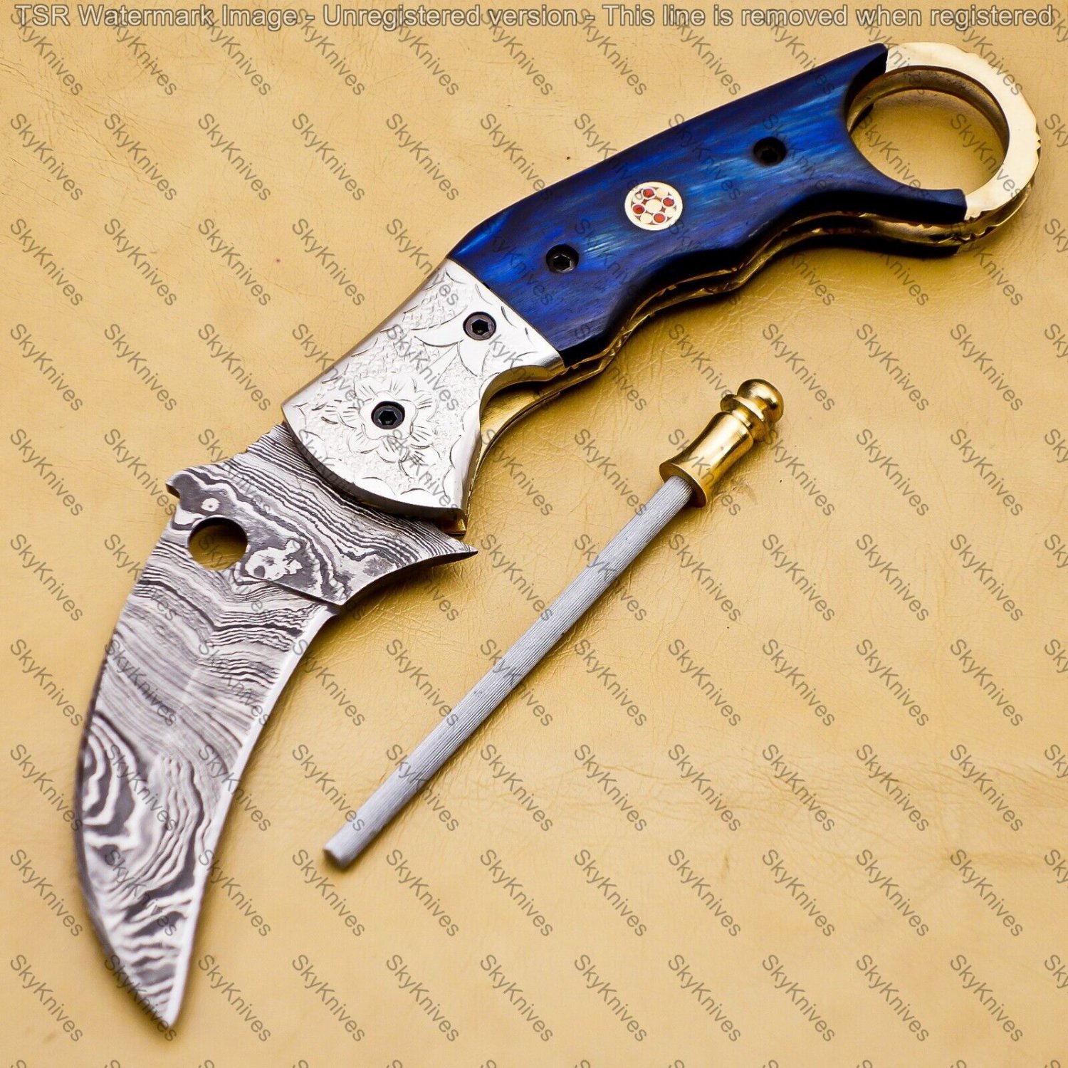 customized handmade damascuse krambit knife wood handle with lethathe sheath