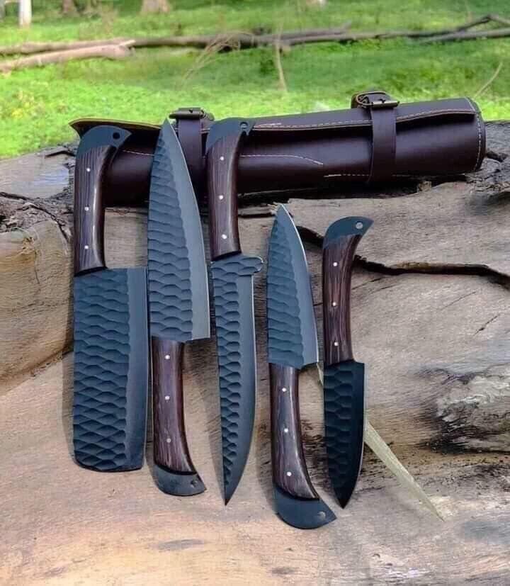Customized Kitchen Knives carbon steel 5 pcs Chef Set With Leather Roll bag