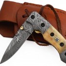 Handmade Pocket Knife Damascus Pocket Knife with Clip lock  Leather Sheath