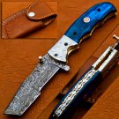 customized handmade damasus steel pokit knife  wood handle with lethathe sheath