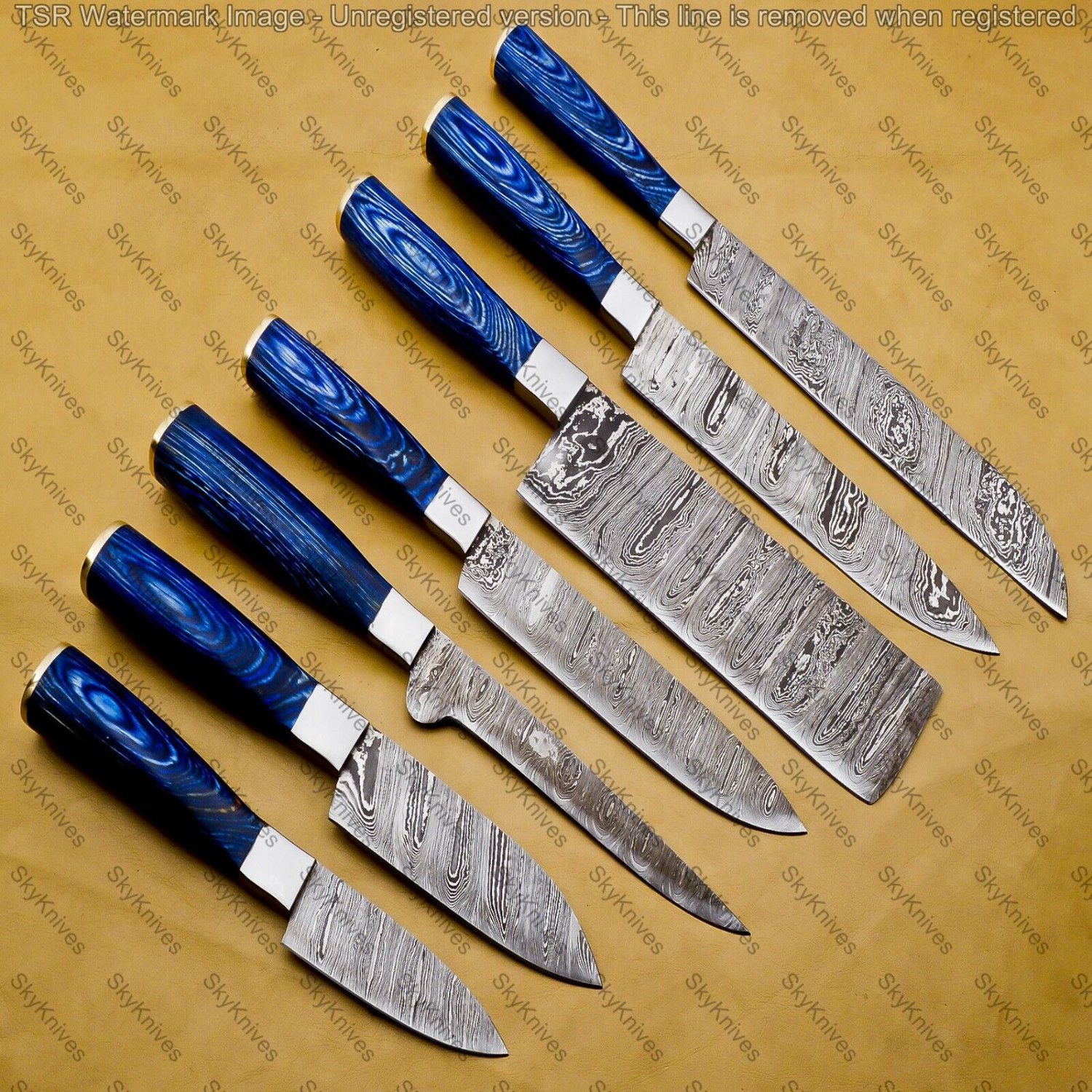 Handmade Professional Kitchen Damascus Knife Set, 7pcs With leather Roll Bag