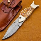 7.5" Custom handmade Damascus Steel Fish Folding Knife with Camel Bone and Brass