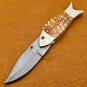 7.5" Custom handmade Damascus Steel Fish Folding Knife with Camel Bone and Brass