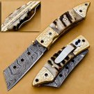 7'customized hand made  Damascus Folding Knife stage handle with leather sheath
