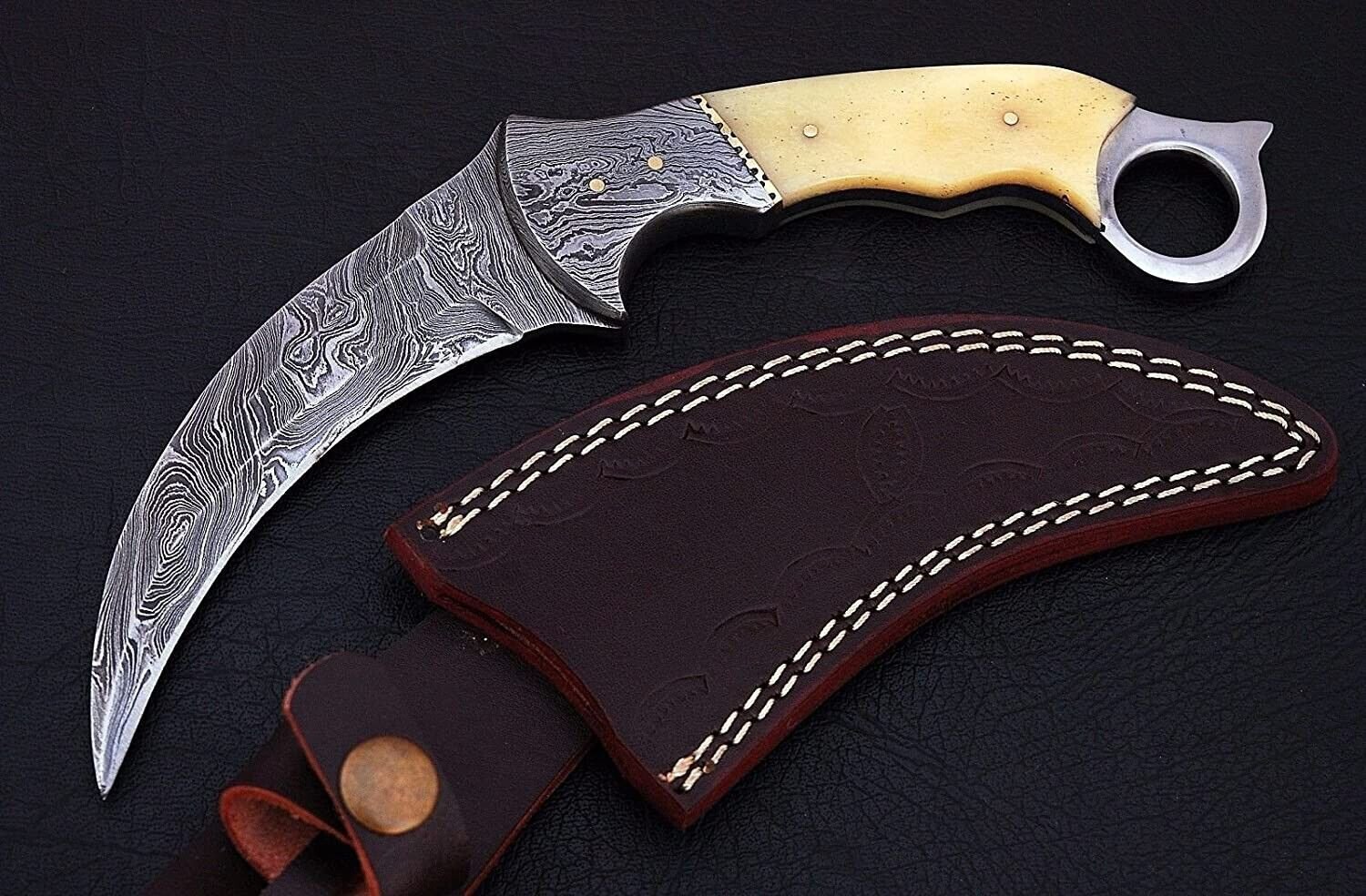 Noshr Whole  Damascus Steel Full Tang Hunting Knife With leather Sheath