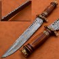 Handmade Damascus Steel Hunting Knife Rose Wood Brass handle With leather cover