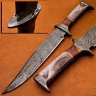 Customized Damascus hunting knife wood and camel bone handle with leather sheath