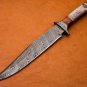 Customized Damascus hunting knife wood and camel bone handle with leather sheath