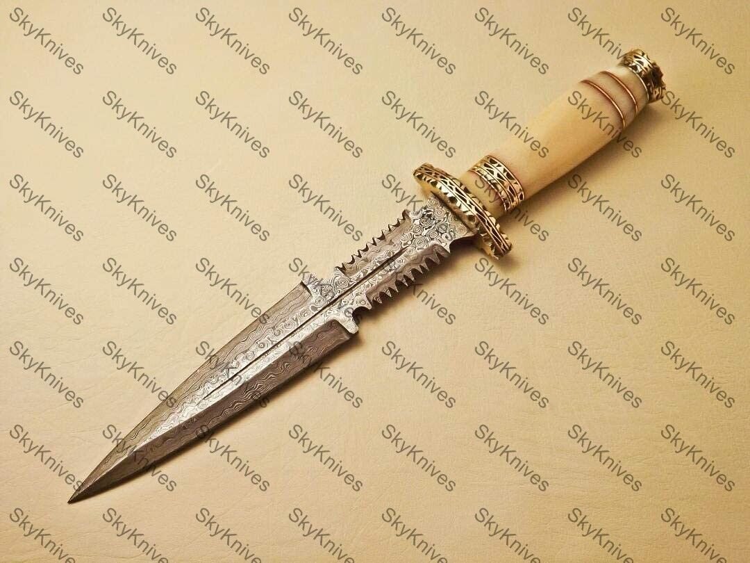 11"Customized Handmade Damascuse Dagger Knife Bone Handle with Lethathe Sheath
