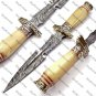 11"Customized Handmade Damascuse Dagger Knife Bone Handle with Lethathe Sheath