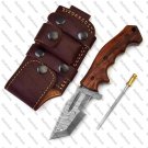 7.5" customized handmade damascuse pocket knife  wood handle with leather sheath