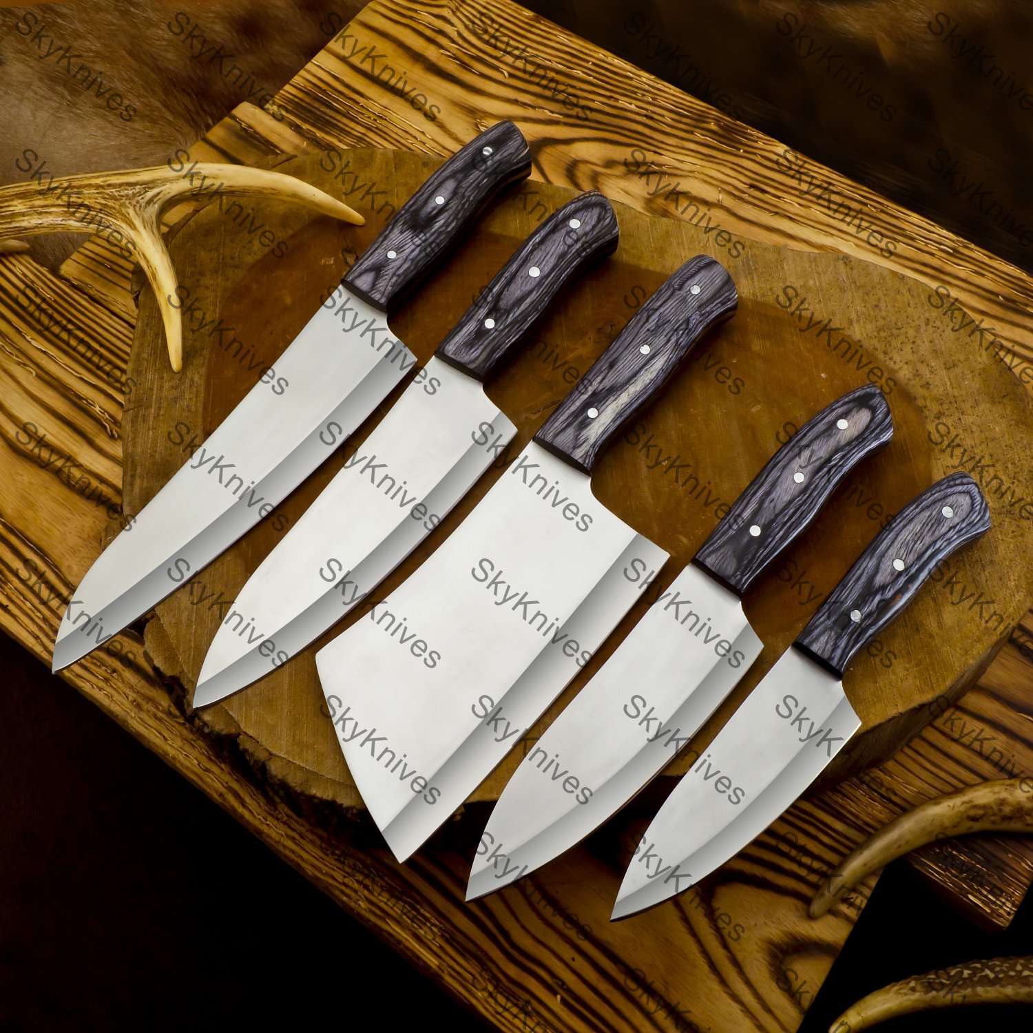 5pice Customized Handmade D2 Kitchen Chef Set wood Handle with Lethathe Rolbag
