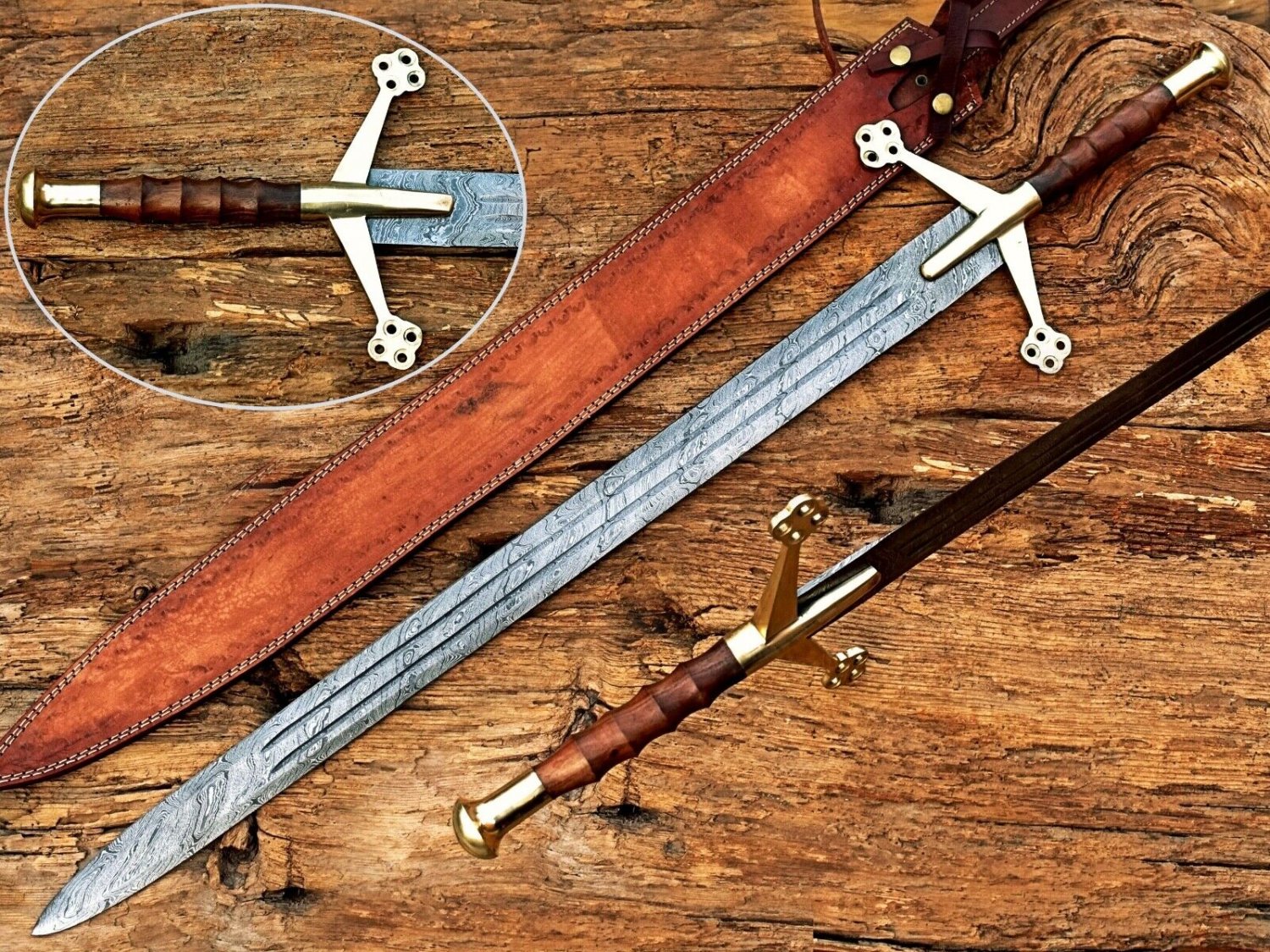 Handmade Damascus Steel 38" Long Scottish Claymore Sword with Leather Sheath.