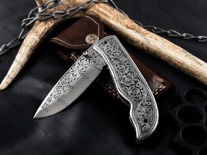 Custom Handmade D2 Steel Folding Knife, Hand Engraved Pocket Knife With Sheath.