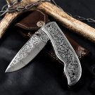 Custom Handmade D2 Steel Folding Knife, Hand Engraved Pocket Knife With Sheath.
