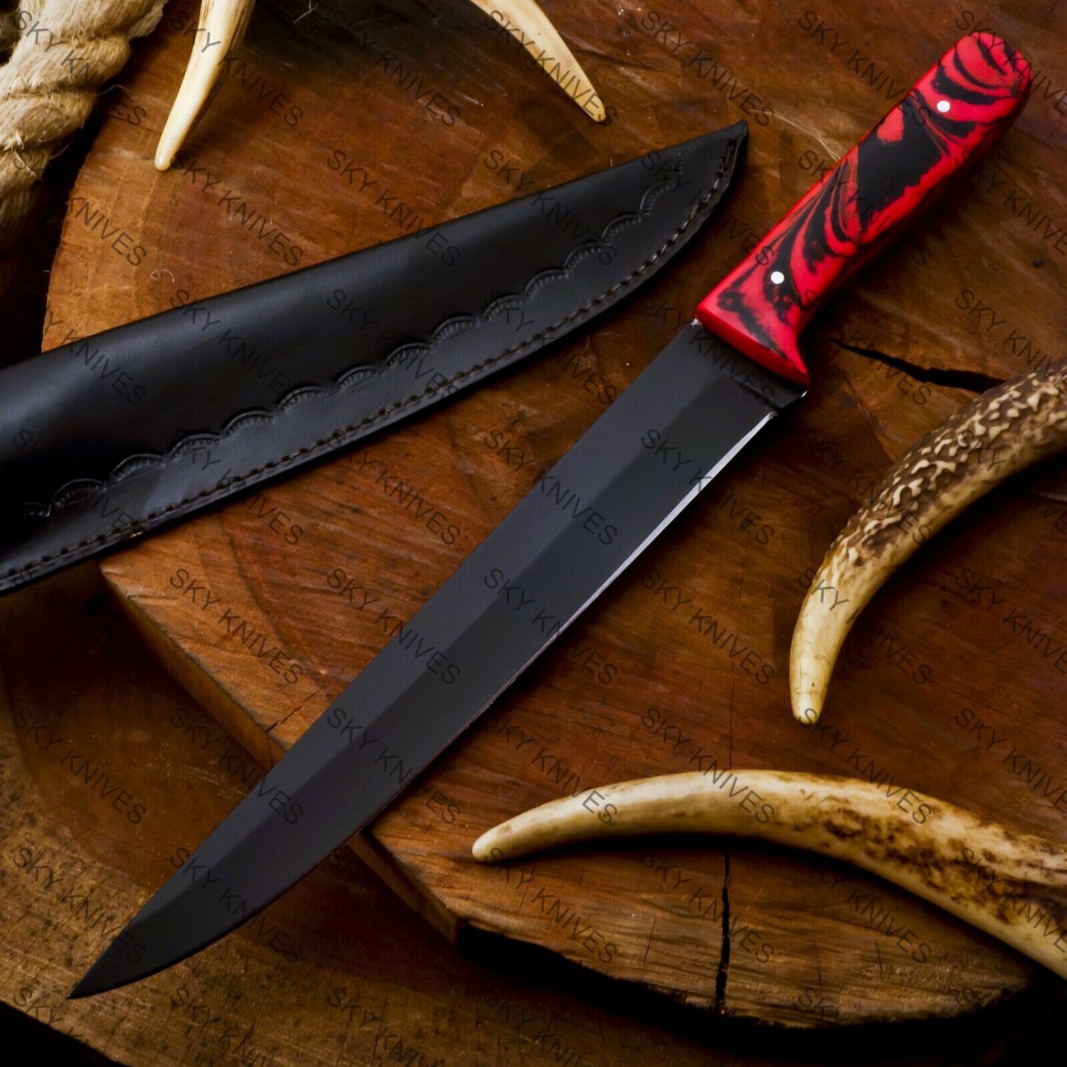 CUSTOM HANDMADE D2 STEEL MATE BLACK FILLET KNIFE  CHEF KNIFE WITH LEATHER SHEATH