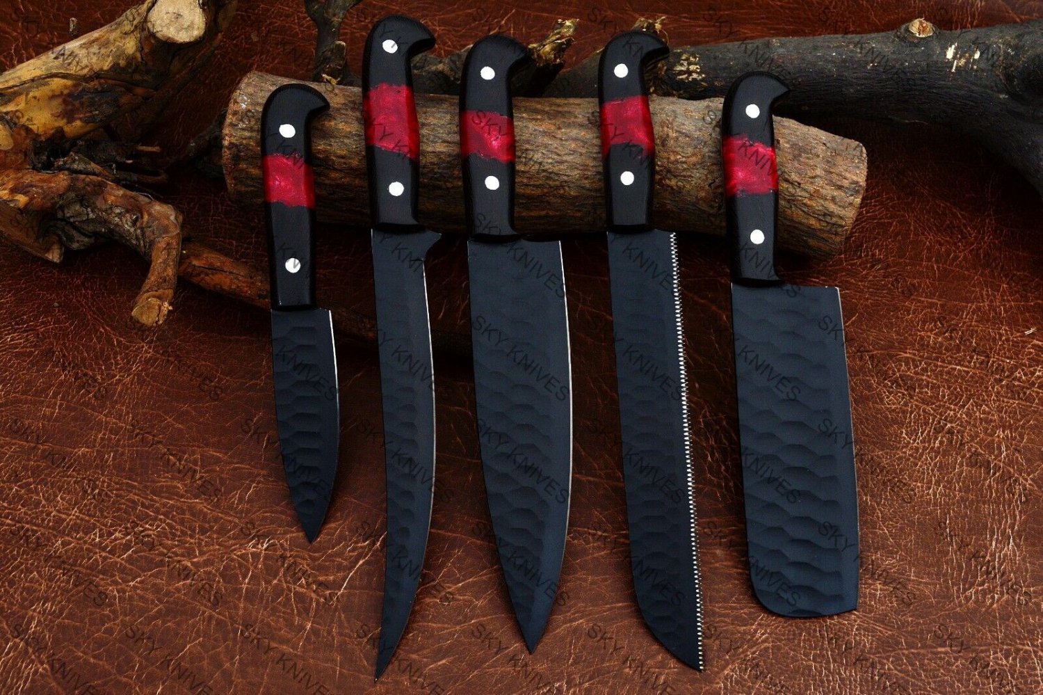 Custom Handmade Carbon Steel 5pice Chef Knife Kitchen set with leather Rolbag