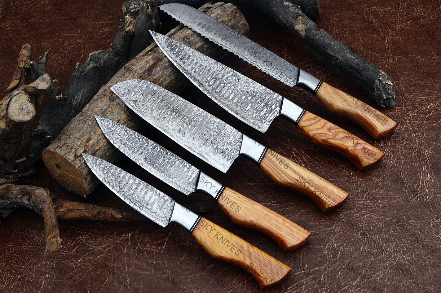 Custom Handmade Damascus Steel 5pice Chef Knife Kitchen set with leather Rolbag