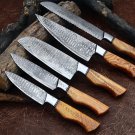 Custom Handmade Damascus Steel 5pice Chef Knife Kitchen set with leather Rolbag