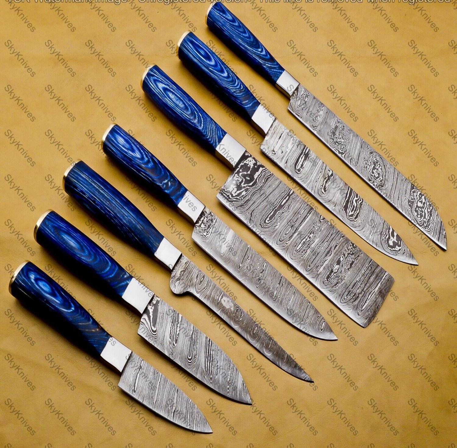 Handmade Professional Kitchen Damascus Knife Set, 7piece With leather Roll Bag