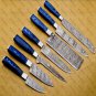 Handmade Professional Kitchen Damascus Knife Set, 7piece With leather Roll Bag