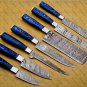 Handmade Professional Kitchen Damascus Knife Set, 7piece With leather Roll Bag