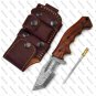 7.5" custom handmade damascuse pocket knife  wood handle with leather sheath