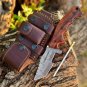 7.5" custom handmade damascuse pocket knife  wood handle with leather sheath