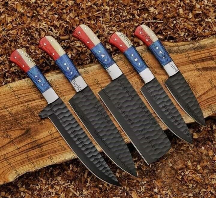 5pice Handmade Carbon Steel  Kitchen Chef Set wood Handle with Lethathe Rolbag