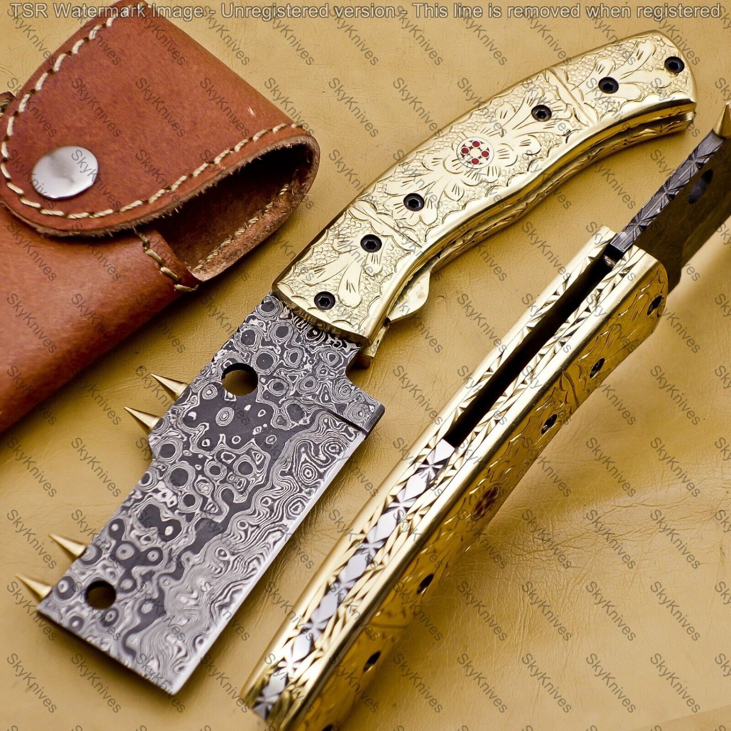 Customized Handmade Damasuse Pocket Knife Ingravable Bras Handle  Leather Sheath
