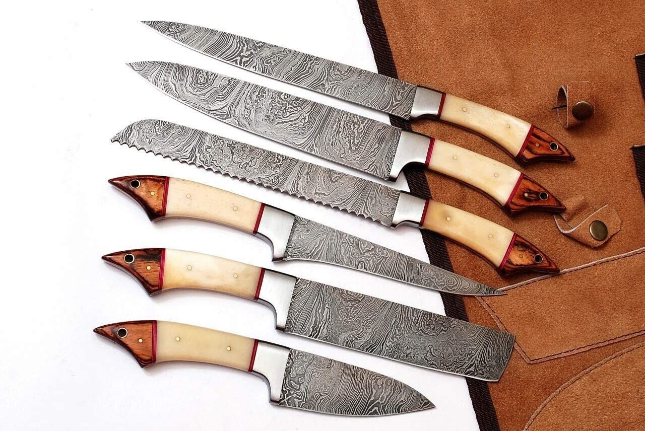 Customized Handmade Damascus Steel Kitchen Knife Set with Leather Roll bag