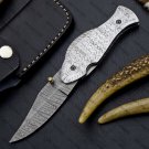 Customized Handmade Damascus Pocket Fish Knife Steel Handle with Lethathe Sheath