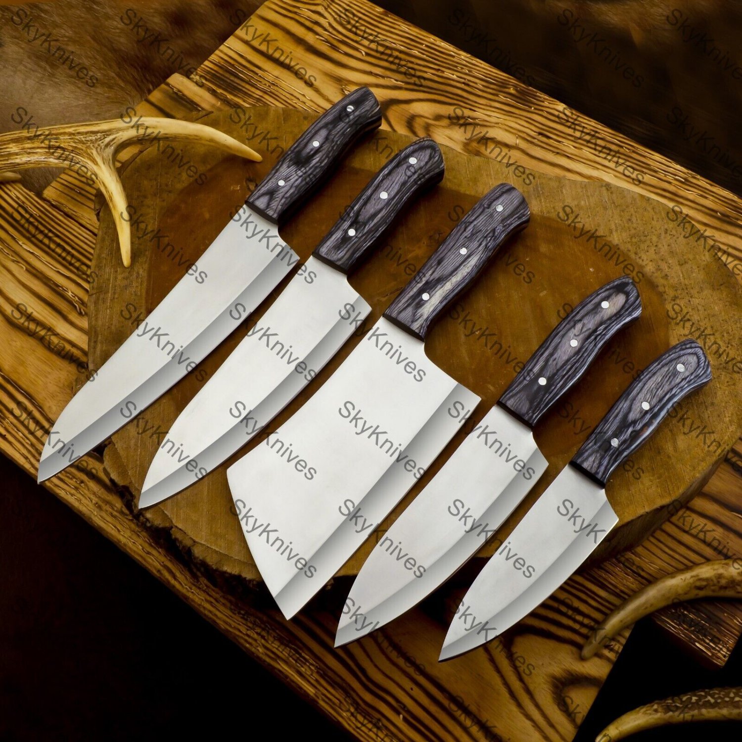 5pice Customized Handmade J2 Kitchen Chef Set wood Handle with Lethathe Rollbag