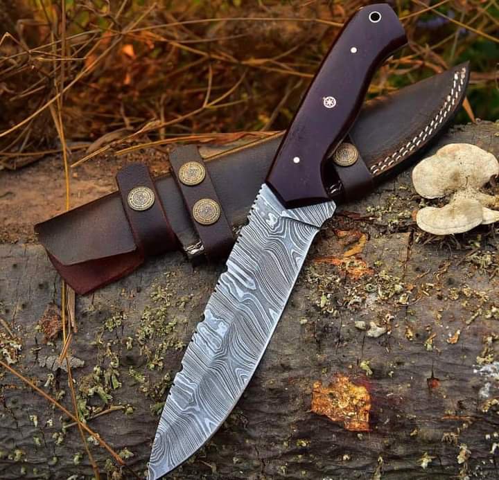Custom Handmade Dmascus Bowi Hunting knife With Leather Sheath