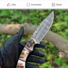 Custom Handmade Dmascus Hunting Fix Blade knife Ram Horn Handle With Leather Sheath