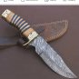 Custom Handmade Dmascus Bowi Hunting knife With Leather Sheath