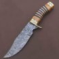Custom Handmade Dmascus Bowi Hunting knife With Leather Sheath