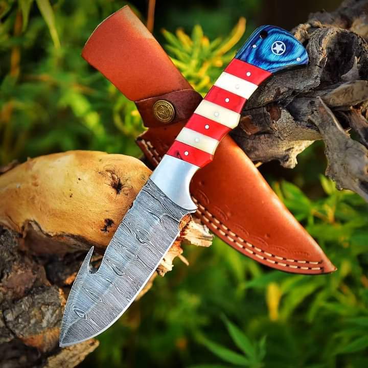 Custom Handmade Damascus Gut Hook pukka Wood Handle knife With Leather Sheath