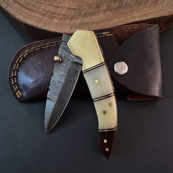 Custom Handmade Dmascus Pocket Folding Knife With Leather Sheath