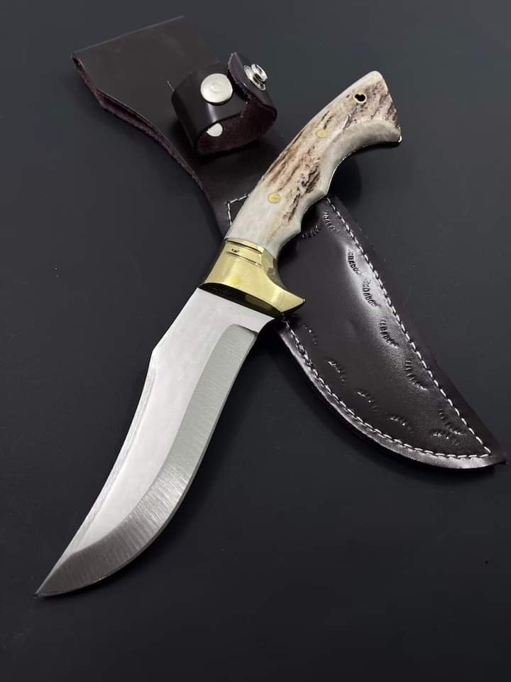 Custom Handmade Dmascus Bowi Hunting knife With Leather Sheath