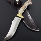 Custom Handmade Dmascus Bowi Hunting knife With Leather Sheath