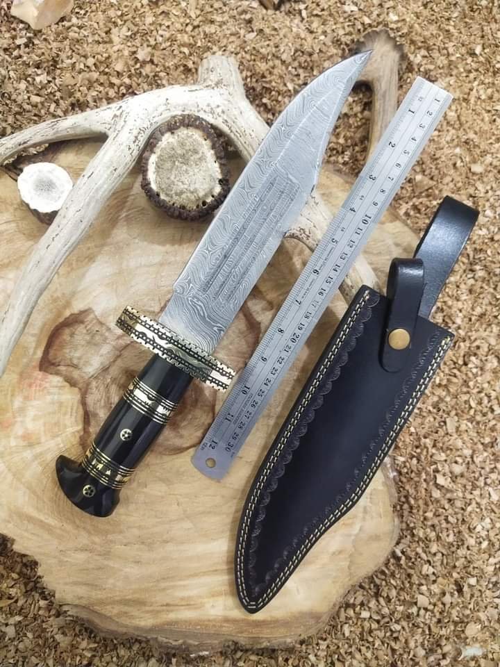 Custom Handmade Dmascus Bowi Hunting knife With Leather Sheath