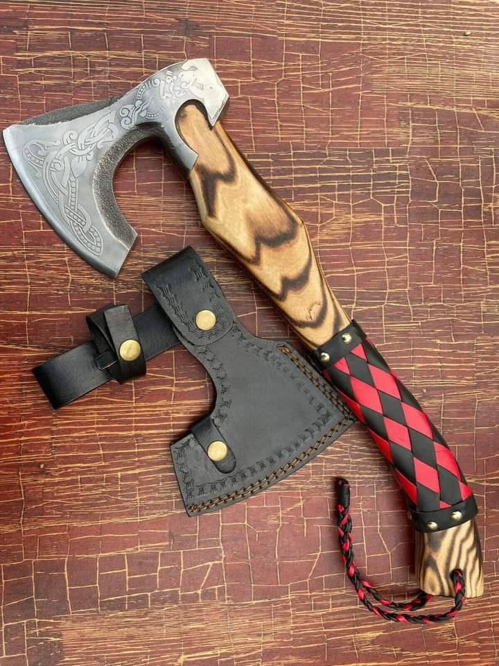 Custom Handmade Cabon Steel Etched Single Head Axe With Leather Sheath