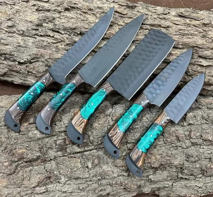 Custom Handmade J2 Steel 5 Pice Chef Set With Leather Sheath