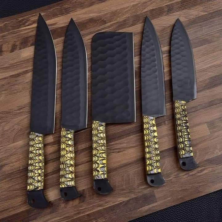 Custom Handmade J2 Steel 5 Pice Chef Set With Leather Sheath