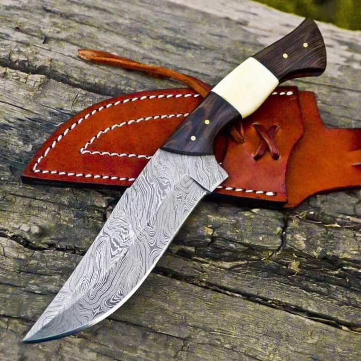 12"Custom Handmade Damascus Hunting knife With Leather Sheath